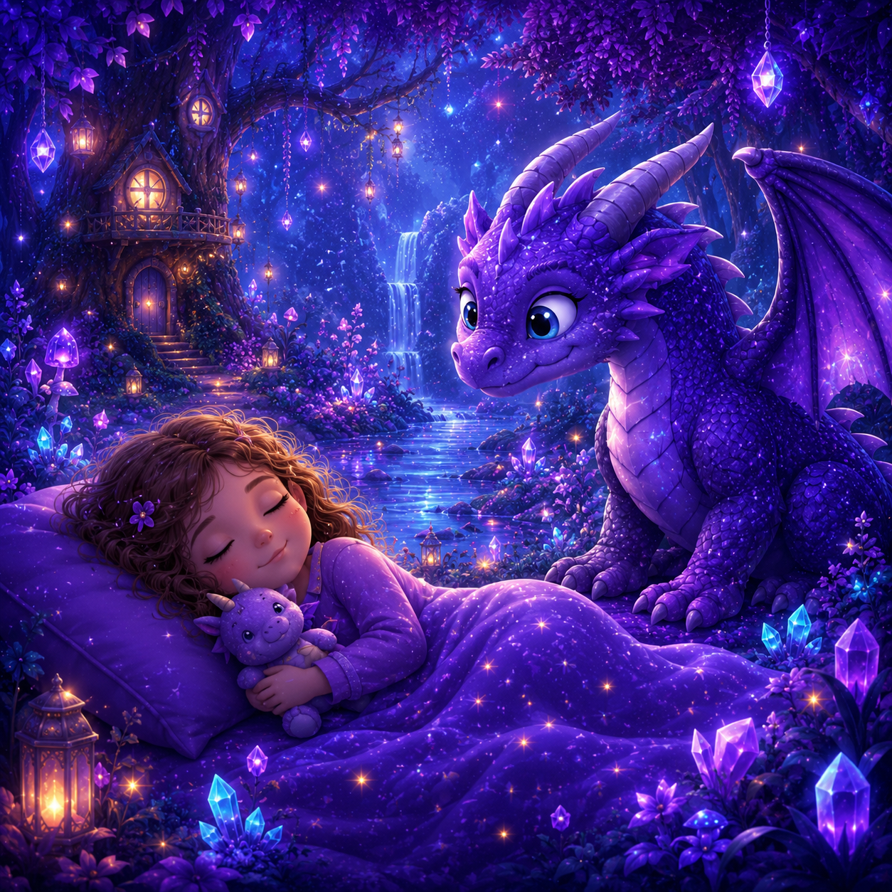 A child sleeping peacefully while dragons, rockets and fairies float above in a starry dream